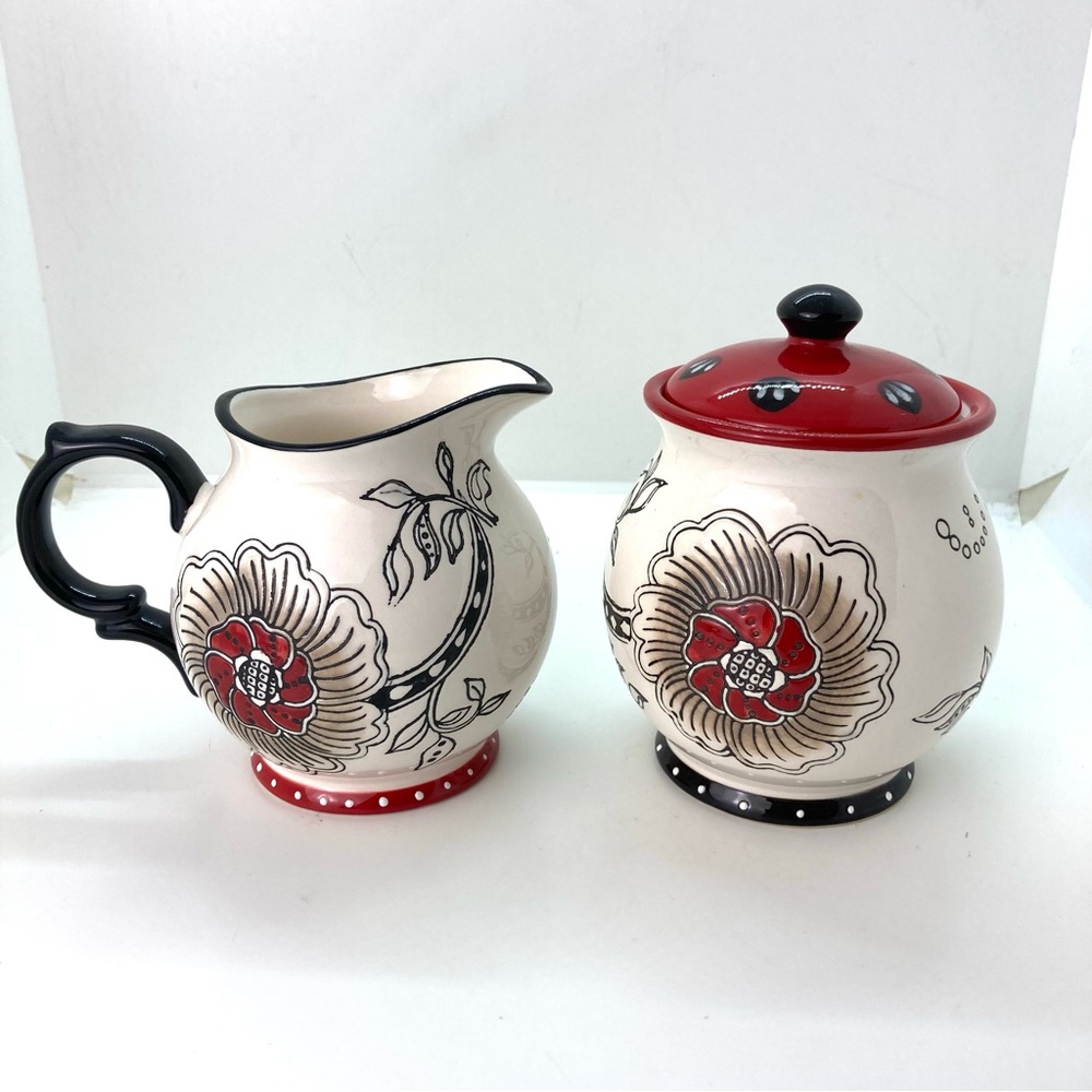 Dutch Wax Floral Ceramic Cream and Sugar Set - Red and Black